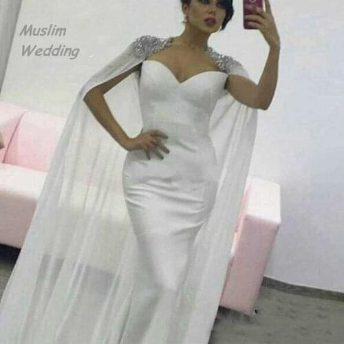 Elegant Dubai Evening Dress With Cape White Long Mermaid Prom Dress With Beaded Crystal Arabic Plus Size Formal Party Gown 2020