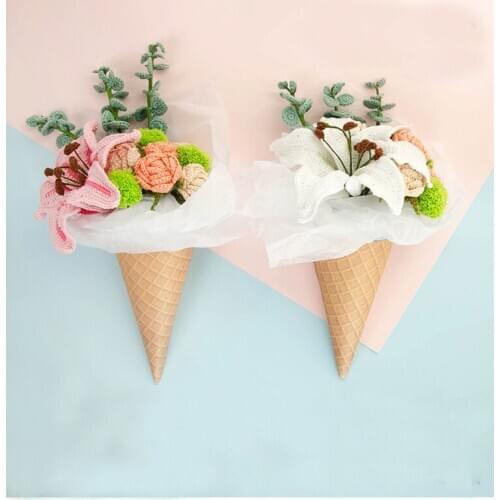 Handmade DIY Wool Flowers Bunch Knitting Rose Artificial Crochet Lily Flower Bunch Valentines Day Gift Home Eecor