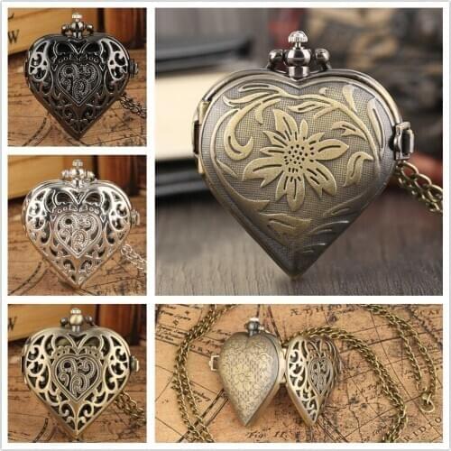 Heart Shaped Pendant Necklace Pocket Watch Quartz Arabic Numerals Display Female Pocket Clock Gifts Retro Fob
