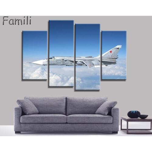 Cuadros Painting 4 Panel Modern Fighter Aircraft Canvas Painting Combat Wall Picture Art For Living Room Unframed
