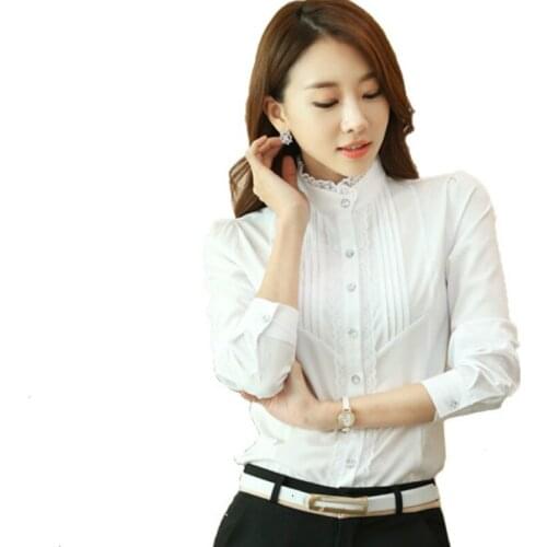 Fashion Lace Design White Blouses and Tops Women Mandarin Long Sleeved Casual Office Formal Shirts Female 2020 Spring Summer
