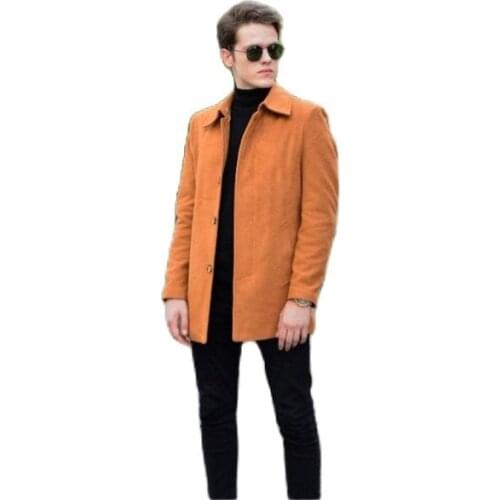 Mens Removable Fur Collar Tan Color Cachet Coat 2021 Autumn Winter Season Outwear High Quality Front Buttoned SlimFit YoungStyl