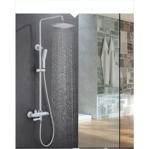 Wall Mounted Brass three functions Bath Rainfall Shower Set Tub Faucet + 8-inch Top Showerhead + Hand Spray white polished