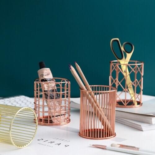 Nordic Makeup Organizer Basket Rose Gold Iron Art Eyeliner Brush Set Storage Cup Dressing Makeup Cosmetic Table Organizer Box