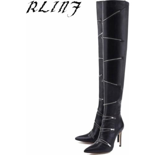 RLINF Zipper Trim Black Stiletto Pointed Knee-high Boots