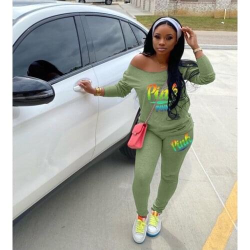 Pink Letter Printed Sportswear Womens Tracksuit 2 Piece Sets Plus Size Tops And Pants Autumn Fitness Outfits Sports Clothing