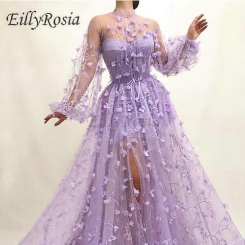 High Neck Lilac Evening Dresses Long Sleeve 3D Flowers Appliques Sexy Side Split Illusion Sheer Lace Evening Gowns for Womens
