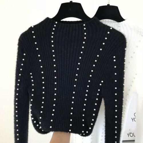 Beaded Artificial Mink Sweater Women Slim Fit Knitted Sweater Female Lady All-Match Basic Tops Jumpers White Black