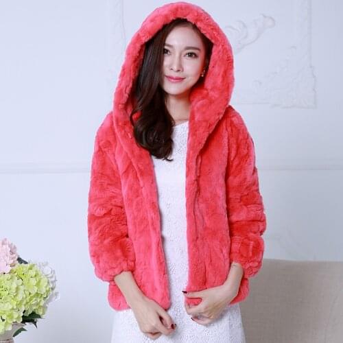 Real Rex Rabbit winter new fashion warm hooded fur coat short section with cap jacket outwear female