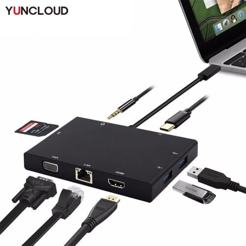 YUNCLOUND USB HUB RJ45 Type C to HDMI VGA LAN Card Reader Audio PD Charging USB 3.0 Hub for Macbook Samsung S8/S9 Huawei P20 Pro