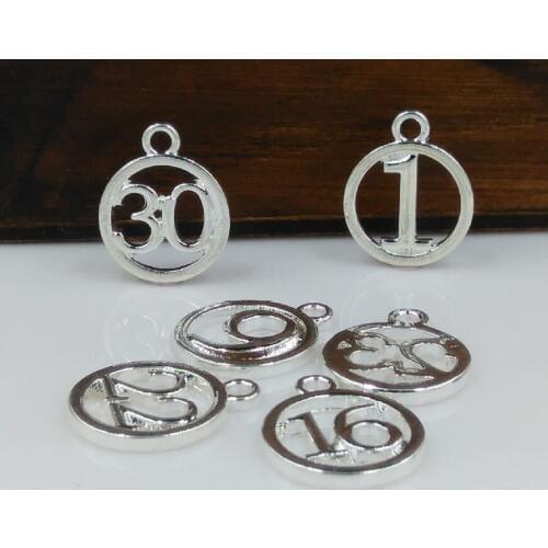 High Quality 10 Pieces/Lot Diameter 14mm Silver Plated 20-30 Figure Number Charms For Bracelet Making