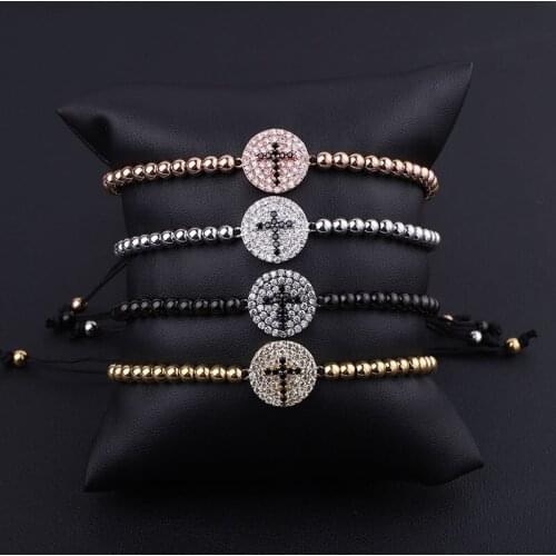 High Quality New Fashion Stainless Steel Beads CZ Pave Cross Charm Braided Friendship Macrame Bracelet Women Men