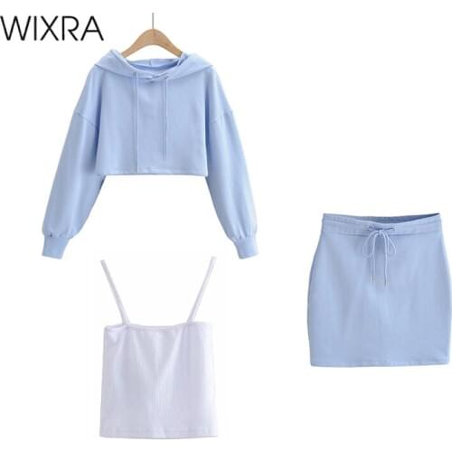 Wixra Womens Casual Cotton Sweatshirts Sets Solid Hoodies + Mini Lace Up Skirts Street Style Spring Summer New Hot