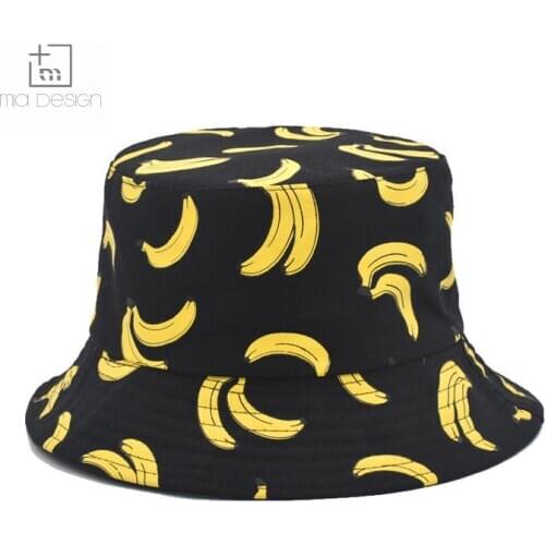 Women Men Couples Banana Print Bucket Hat Summer Reversible Packable Hip Hop Harajuku Streetwear Cotton Fisherman Cap