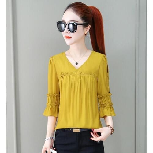 Women Spring Summer Style Chiffon Blosues Shirts Lady Casual Short Flare Sleeve V-Neck Chiffon Blusas Tops ZZ0309