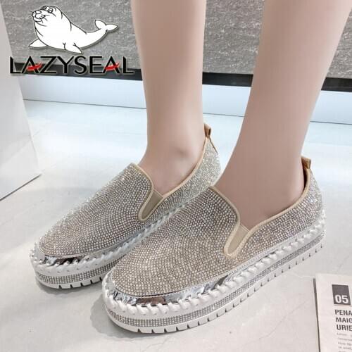 LazySeal Crystals Winter Warm Women Flats Bling Diamonds Women Sewing Luxury Glitter Sneakers Platform Shoes Mujer Plus Size 43