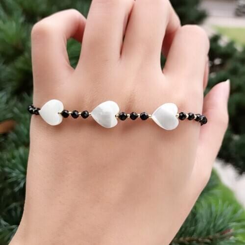 Three Heart Charm Bracelet Natural Shell Womens Bracelet Pulsera Black Crystal Beads friendship bracelet Stone Miyuki Jewelry