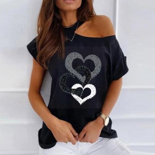 Women Black Casual Harajuku Pullover Short Sleeve Top Female T-shirt Strapless Summer Printing Neck 3D Love Round Tee Stree U1W4