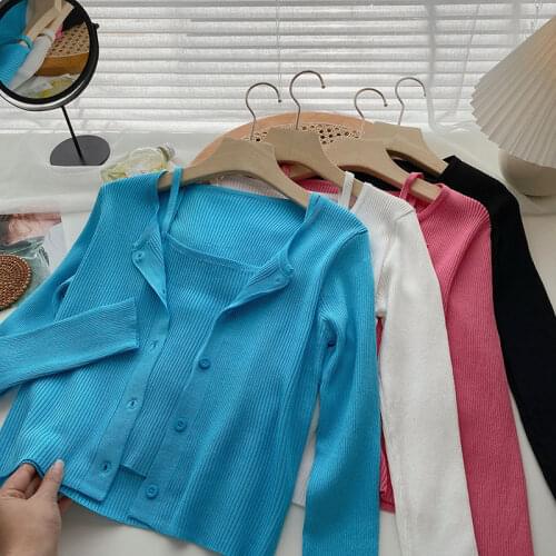 Spring Autumn Casual Knitted Caims Cardigan 2 Peic Sets Women Slim Single Breasted Crop Cardigan Sets Woman Cropped Swaeter