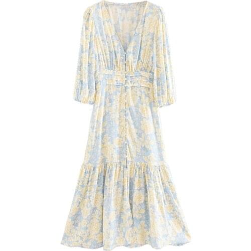 Women 2020 Elegant Fashion Floral Print Ruffled Midi Dress Vintage V NecK Three Quarter Sleeve Female Dresses Vestidos robe za