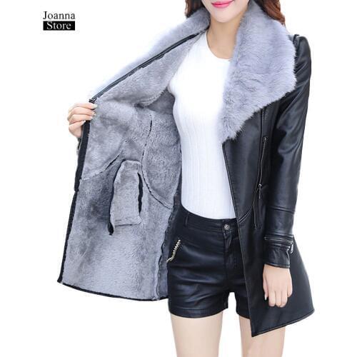 Winter Black Faux Fur Collar Women Jackets Coats Pu Leather Jacket Slim Clothing Zipper Black Long Ladies Fashion Trends Outwear