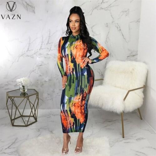 VAZN 2021 Autumn Vintage Long Dress Turtleneck Full Sleeve Soft Elastic Mature Overalls Fashion Women Skinny Maxi Dress