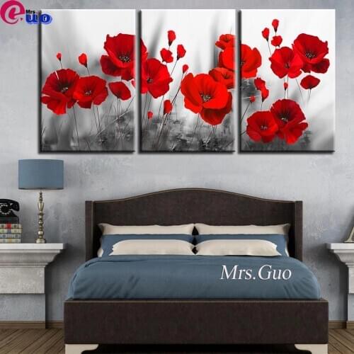 3 Pieces Red Flower Wall Art Diamond Paintings Full Square/Round Triptych Diamond Embroidery Poppy