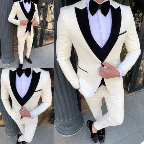 Cream White Mens Tuxedos Groom Wear Slim Fit One Button Wedding Blazer Suits Business Prom Party Jacket 3 Pieces