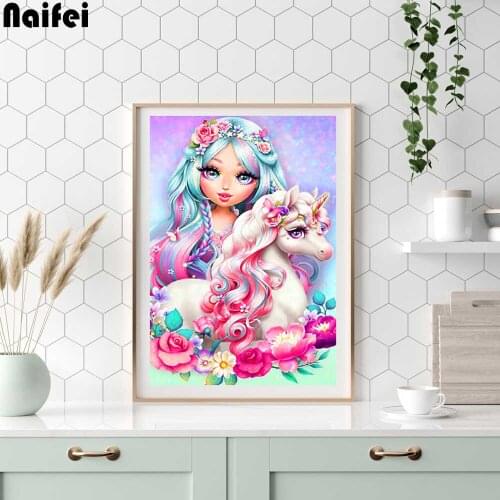 5D Diy Diamond Painting Cross Stitch full Square Diamond Embroidery Cartoon cute girl and Unicorn picture home decor