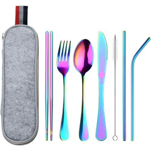 8Pcs/set Tableware Reusable Travel Cutlery Set Camp Utensils Set with stainless steel Spoon Fork Chopsticks Straw Portable case