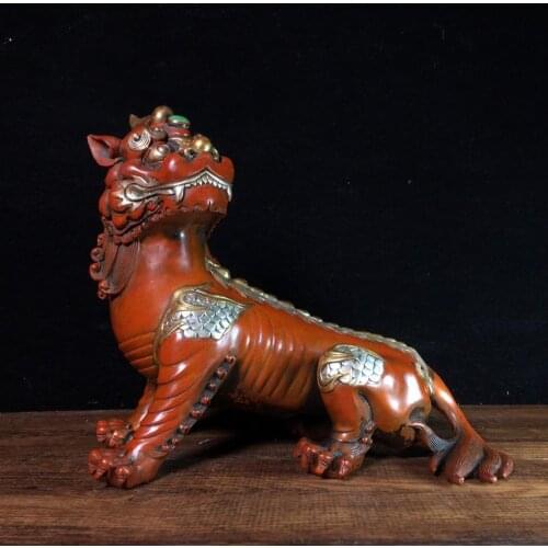 9"Tibet Buddhism Temple Old Bronze Gilt Real gold Listen to Unicorn statue Jizo Bodhisattva vehicle Ward off evil spirits