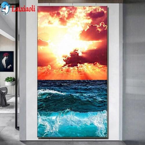 Diamond Embroidery Full Square round drill Sunset sea Diamond Painting red sky Landscape Mosaic Rhinestones Picture Kits Craft