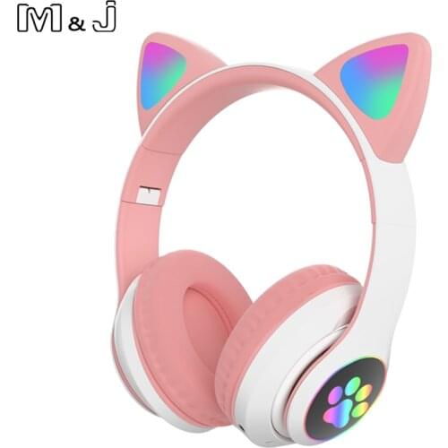 Flash Light Cute Cat Ears Bluetooth Wireless Headphone with Mic Can control LED Kid Girl Stereo Music Helmet Phone Headset Gift