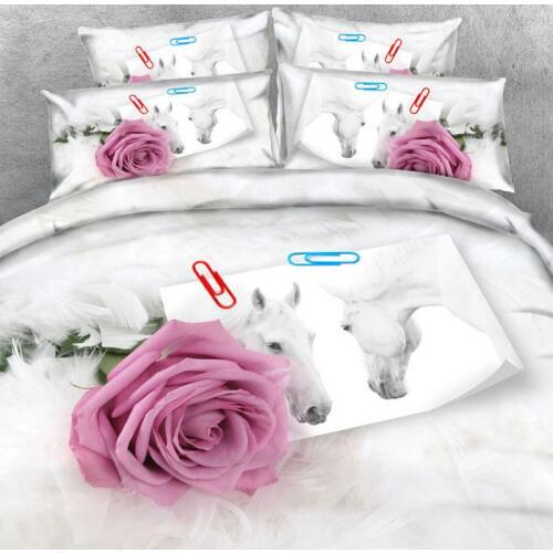 Brand Goldeny 3 Parts Bedding set Soft white feathers Roses and photo of White stallions 3d bed set with 3d bed sheet set