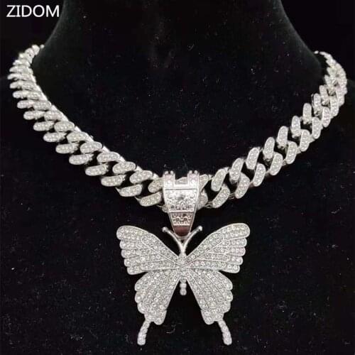 Men Women Hip Hop Iced Out Bling butterfly Pendant Necklace with 13mm Width Cuban Chain HipHop Necklaces Fashion Charm Jewelry