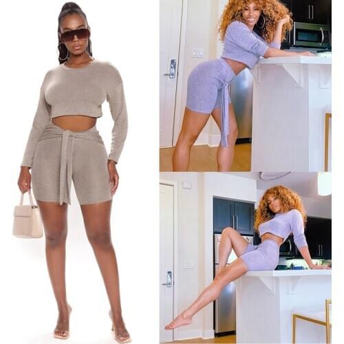 Elastic 2 Piece Set Women Long Sleeve Crop Top and Bandage Biker Shorts Sets Casual Sporty Set