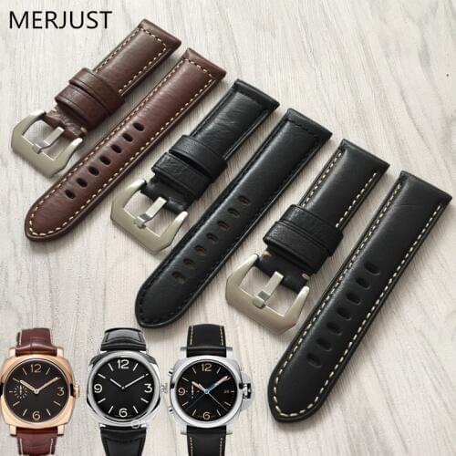 Italian Genuine Leather Handmade Handmade Buckle Watch Band Retro Watch Straps 24mm black Brown for PAM Man Watch Tool