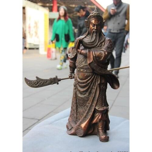 Chinese Copper Bronze Feng Shui Dragon Guan Gong GuanYu Hold Dragon Sword Statue