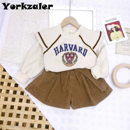 Children Clothing Set Girl Fall Clothes Cool Fashion 2 Pcs Kids Sets Casual Loose Long-sleeved Sweater Shirt & Corduroy Shorts