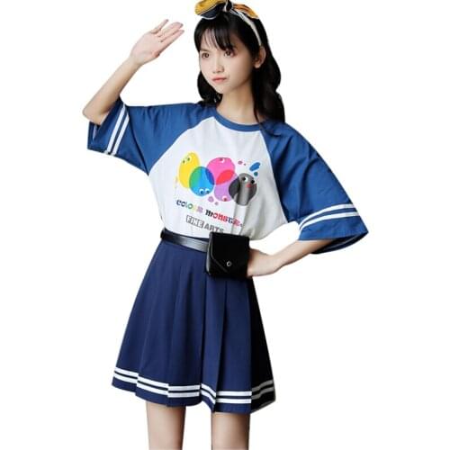 Summer Women Sets Cartoon Print Cotton T Shirts And Hight Waist Zipper Mini Pleated Skirts Mori Girl S-XL 2 Piece Set Suit