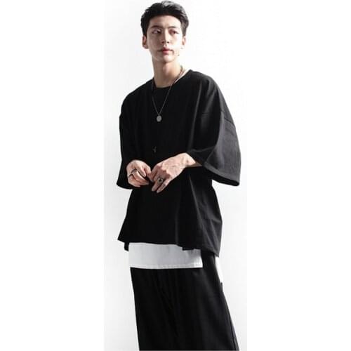 Mens casual loose simple solid color loose half sleeve round neck T-shirt