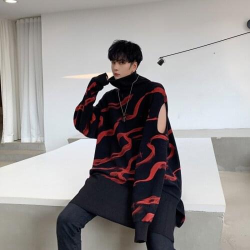 2021 New Men Autumn Winter Turtleneck Loose Casual Long Sleeve Hole Print Pullover Hoodie Streetwear Hip Hop Long Sweatshirt