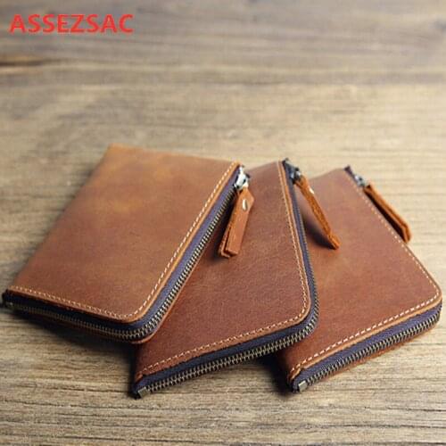 ASSEZSAC 2019 New Wallet Men Handmade PU Leather Purse Classic Retro Coin Wallet Women Wallets Simple Cow Leather Small Wallet