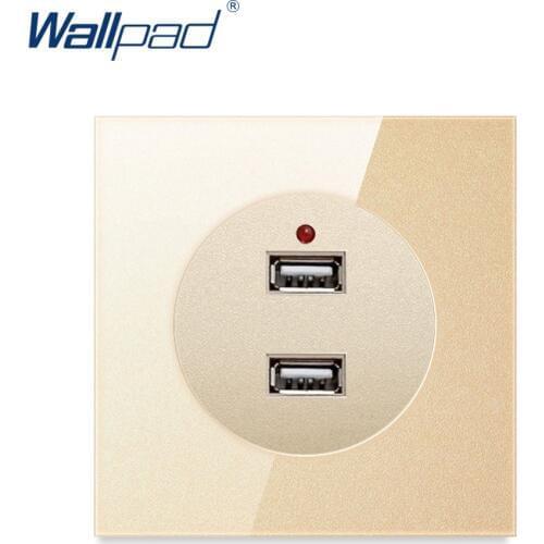 Wallpad 2019 New Arrival 2 USB Wall Power Socket Outlet Gold Crystal Glass Panel Grounded USB Charger 5V 2400MA