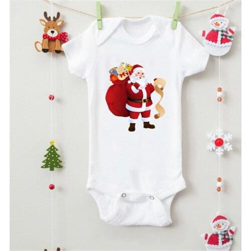 Merry Christmas Santa Graphic Printed Summer New Fashion Newborn Cute Cartoon Baby Romper Infant Short Sleeve White Onesies