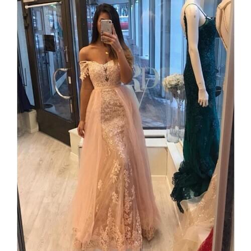 New Arrival 2020 Blush Pink Lace Applique Evening Dresses With Tulle Detachable Train Plus Size Off the Shoulder Long Formal