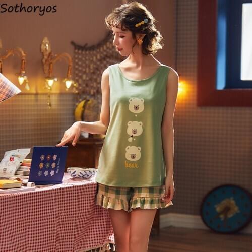 Pajama Sets Women Sleeveless Cartoon Printed Thin Breathable Korean Style Kawaii Summer Large Size Loose Womens Homewear Ulzzang