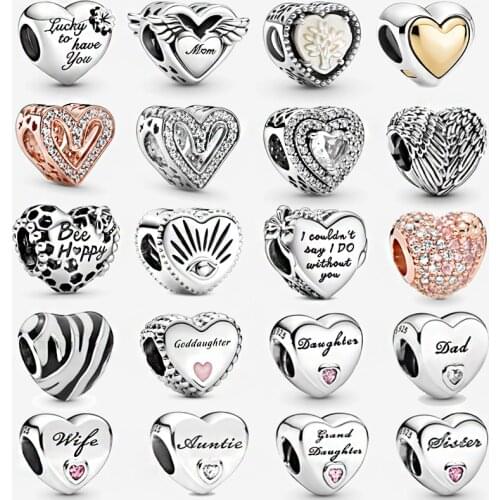 Authentic 925 Sterling Silver Charms Sparkling Golden Heart Beads Fit Original Pandora Bracelets For Women Family Jewelry Gift