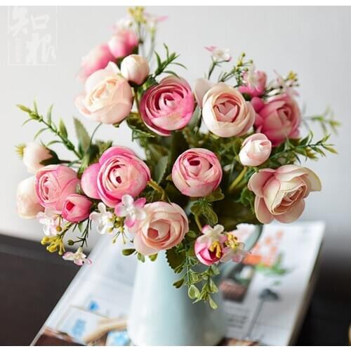28cm Pink Artificial Rose Camellia 10 Head Bouquet Silk Fake Flowers for Home Wedding Decoration Indoor New year decor Cheap