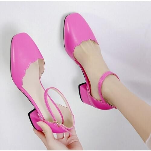 AGODOR Womens Hot Pink Pumps Mid Chunky Heel Women Ankle Strap Pumps D'orsay Shoes Casual Elegant Pumps Women Shoes Size 34-43